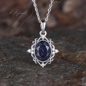 Milgrain Oval Cut Blue Sandstone Necklace Vintage 14k White Gold Galaxy Healing Jewelry Antique Blue Gemstone Blue Sandstone Pendant Women