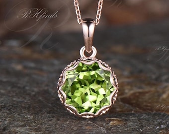 Vintage 3ct Round Cut August Birthstone Natural Peridot Engagement Necklace Milgrain Lace Pendant Art Deco 14k Rose Gold Solitaire Necklace