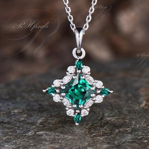 Delicate Princess Cut May Birthstone Emerald Necklace Unique 14k White Gold Moissanite Halo Pendant Minimalist Cluster Engagement Necklace