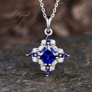 Art Deco Princess Cut Blue Sapphire Necklace Delicate Moissanite Cluster Halo Pendant Minimalist September Birthstone Promise Necklace
