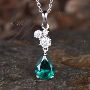 Delicate Pear Cut Emerald Necklace Unique Moissanite Dangle Pendant Minimalist 14k White Gold May Birthstone Green Gemstone Emerald Pendant