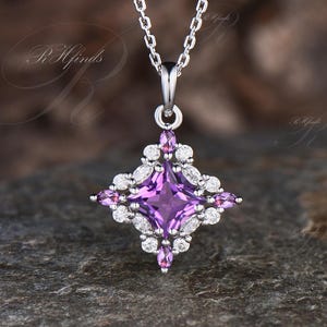 Dainty Princess Cut Natural Amethyst Necklace Art Deco White Gold Moissanite Halo Pendant Minimalist February Birthstone Cluster Necklace
