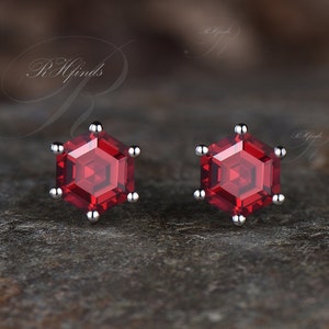 Unique 6x6mm Hexagon Cut Ruby Earrings Art Deco July Birthstone Red Gemstone Stud Earrings 14k White Gold Birthday Promise Earrings Gift