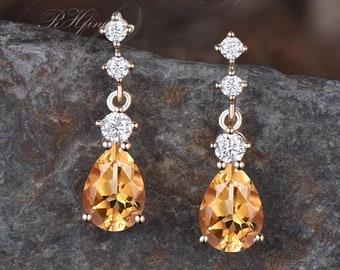 Delicate Pear Cut Natural Citrine Drop Earrings Minimalist November Birthstone Yellow Crystal Citrine Dangle Earrings Anniversary Gift Women