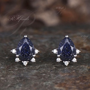 Unique Galaxy Pear Cut Blue Sandstone Stud Earrings Art Deco 14k Rose Gold Healing Jewelry Delicate Moissanite Pierced Earrings Women Gift