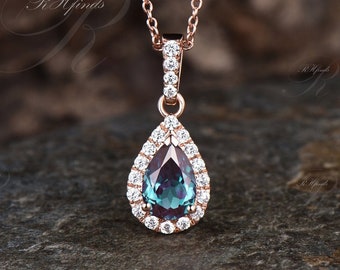 Minimalist Pear Cut Alexandrite Necklace Delicate June Birthstone Color Change Alexandrite Pendant Art Deco Moissanite Halo Necklace Gift