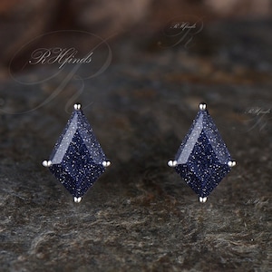 Unique Kite Cut Blue Sandstone Earrings Galaxy Blue Gemstone Solitaire Stud Earrings 14k White Gold Pierced Earrings Healing Jewelry Women