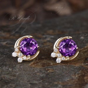 Unique Celestial Jewelry Moon Earrings 1ct Round Cut Natural Amethyst Stud Earrings 14k Yellow Gold Moissanite Cluster Pierced Earrings