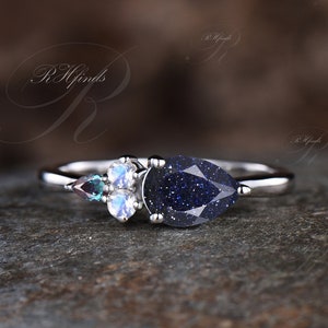 Galaxy Pear Cut Blue Sandstone Wedding Ring June Birthstone Moonstone Alexandrite Wedding Band 14k White Gold Four Stone Blue Gemstone Ring
