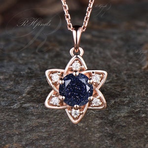 Galaxy Round Cut Blue Sandstone Necklace Unique 14k Solid Rose Gold Moissanite Halo Hexagram Pendant Minimalist Healing Jewelry Women Gift