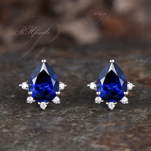 Dainty Pear Cut Blue Sapphire Stud Earrings Unique 925 Sterling Silver September Birthstone Blue Sapphire Earrings Art Deco Pierced Earrings