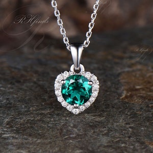 Delicate Round Cut Emerald Necklace Unique Moissanite Halo Heart Pendant Minimalist May Birthstone Green Gemstone Necklace Bridal Gift Women