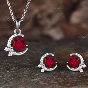 Unique Crescent Moon Star Cut Ruby Necklace Stud Earrings Jewelry Set Silver Girls Delicate Red Gemstone Moissanite Cluster Pendant Studs