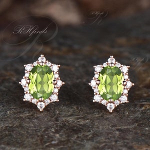 Unique Oval Cut Natural Peridot Stud Earrings August Birthstone Earrings Delicate 14k Rose Gold Moissanite Halo Pierced Earrings Bridal Gift