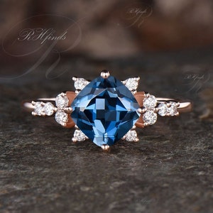 Delicate Cushion Cut Natural London Blue Topaz Engagement Ring Diamond Moissanite Cluster Ring Dainty December Birthstone Bridal Ring Women