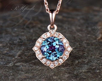 Dainty Round Cut June Birthstone Alexandrite Necklace Delicate Moissanite Halo Pendant Minimalist Birthday Necklace Anniversary Jewelry