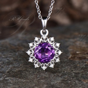 Unique Halo Moon Necklace February Birthstone Round Cut Natural Amethyst Necklace Minimalist Moissanite Diamond Pendant Custom Birthday Gift