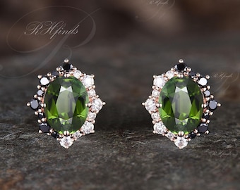 Vintage Oval Cut Natural Green Tourmaline Stud Earrings Unique Moissanite Black Spinel Halo Earrings Dainty Green Gemstone Pierced Earrings