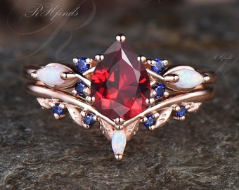 July Birthstone Teardrop Ruby Engagement Ring Set Vintage Leaf Nature Inspired Wedding Ring Art Deco Opal Blue Sapphire 2pcs Bridal Ring Set