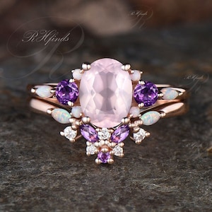 Oval Cut Natural Rose Quartz Engagement Ring Set Unique Pink Gemstone Purple Crystal Wedding Ring Amethyst Opal Cluster 2pcs Bridal Ring Set