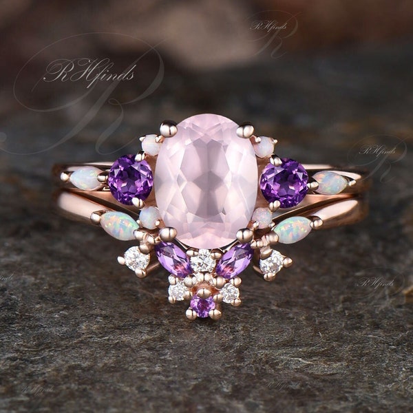 Oval Cut Natural Rose Quartz Engagement Ring Set Unique Pink Gemstone Purple Crystal Wedding Ring Amethyst Opal Cluster 2pcs Bridal Ring Set
