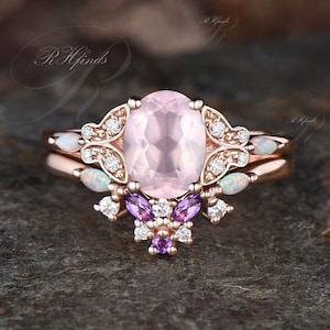 Oval Cut Natural Rose Quartz Engagement Ring Set Rose Gold Butterfly Ring Opal Amethyst Cluster Ring Nature Inspired 2pcs Bridal Ring Set
