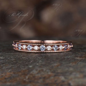 Dainty Alexandrite Wedding Band Vintage Milgrain Round Diamond Moissanite Engagement Wedding Ring June Birthstone Half Eternity Band Gift
