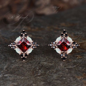 Unique Princess Cut Natural Garnet Stud Earrings Art Deco White Opal Black Spinel Halo Earrings 14k Rose Gold January Birthstone Earrings