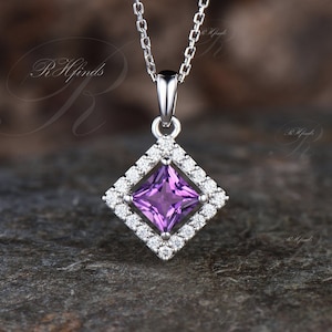 Unique Princess Cut Natural Amethyst Necklace February Birthstone Purple Crystal Diamond Moissanite Halo Pendant Art Deco Jewelry Gift Women