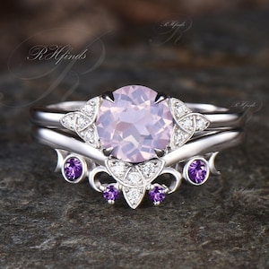 Round Cut Natural Lavender Amethyst Engagement Ring Set February Birthstone Purple Crystal Moon Wedding Band Art Deco 2pcs Bridal Ring Set