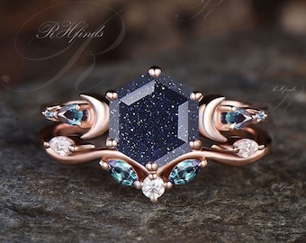 Galaxy Hexagon Cut Blue Sandstone Engagement Ring Set Unique June Birthstone Alexandrite Moon Ring Vintage Five Stone Promise Healing Ring