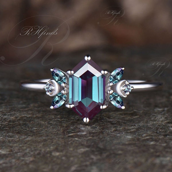 Delicate Long Hexagon Cut Alexandrite Engagement Ring Dainty June Birthstone Color Change Stone Moon Ring Unique 14k White Gold Bridal Ring