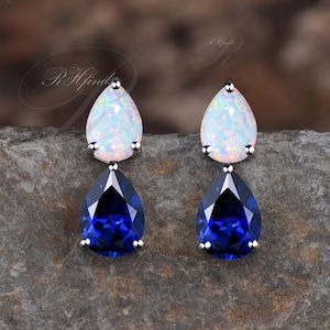 Dainty Pear Cut Blue Sapphire Drop Earrings Unique 14k White Gold Two Stone Earrings Art Deco Teardrop Opal Dangle Earrings Gift For Women