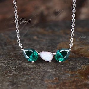 Dainty Teardrop Emerald Engagement Necklace Unique Pear Cut Opal Three Stone Pendant Minimalist East To West Necklace Bridal Gift For Women