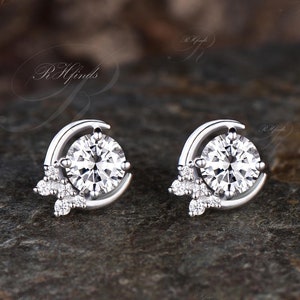 Art Deco Moon Earrings Dainty 1ct Round Cut Moissanite Stud Earrings Unique Moissanite Cluster Earrings 14k White Gold Pierced Earrings