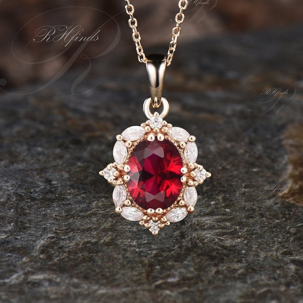 Vintage Oval Cut Ruby Necklace Antique July Birthstone Red Gemstone Ruby Pendant Minimalist Moissanite Halo Necklace Birthday Jewelry Gift