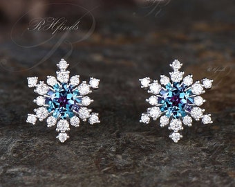 Unique Round Cut Alexandrite Stud Earrings Vintage Moissanite Halo Snowflake Earrings Art Deco June Birthstone Cluster Earrings Gift Women