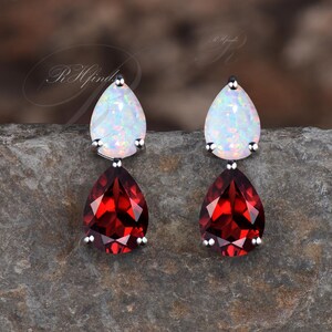 Dainty Pear Cut Natural Garnet Drop Earrings Unique 14k White Gold Two Stone Earrings Women Teardrop Opal Dangle Earrings Anniversary Gift