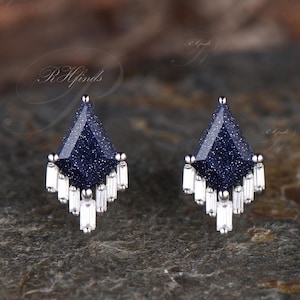 Galaxy Kite Cut Blue Sandstone Stud Earrings Unique Healing Jewelry Starry Night Earrings 14k White Gold Moissanite Cluster Pierced Earrings