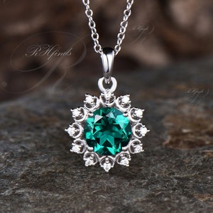 Minimalist Round Cut May Birthstone Emerald Necklace Unique Moissanite Halo Moon Pendant 925 Sterling Silver Green Gemstone Custom Jewelry