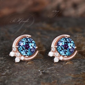 Delicate Round Cut Alexandrite Stud Earrings Dainty June Birthstone Moissanite Cluster Earrings Art Deco Moon Jewelry Birthday Promise Gift