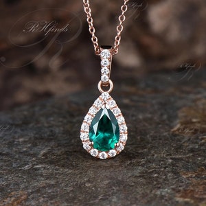 Delicate Pear Cut Emerald Necklace Unique 14k Rose Gold Moissanite Halo Pendant Minimalist May Birthstone Green Gemstone Bridal Necklace