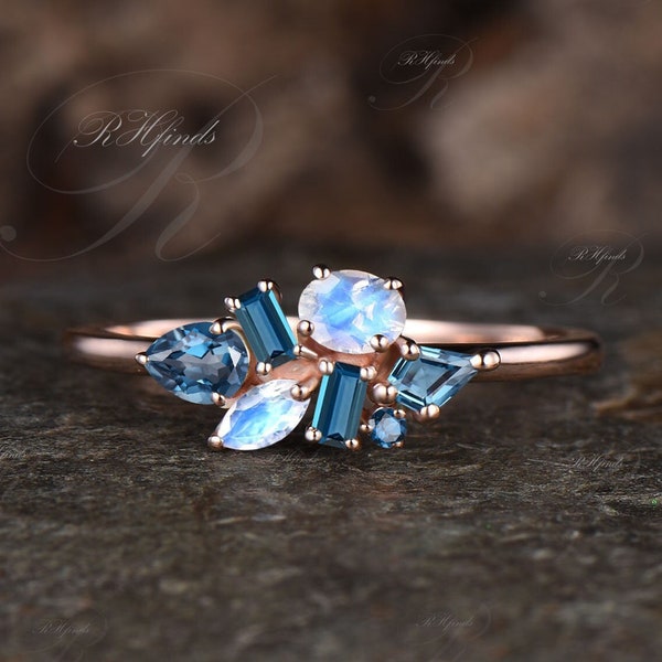 Delicate Natural London Blue Topaz Wedding Band Dainty Natural Moonstone Cluster Ring Minimalist 14k Rose Gold Engagement Gift For Women
