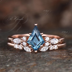 Dainty Kite Cut Natural London Blue Topaz Engagement Ring Set Unique 14k Rose Gold December Birthstone Blue Gemstone 2pcs Bridal Ring Set