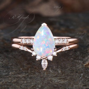 Unique Pear Cut October Birthstone Opal Engagement Ring Set Art Deco Moissanite Wedding Ring Vintage White Gemstone 2pcs Bridal Ring Set
