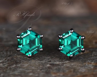 Dainty Hexagon Cut Emerald Stud Earrings Unique May Birthstone Green Gemstone Earrings 14k Black Gold Solitaire Earrings Engagement Jewelry