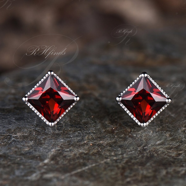 Vintage Princess Cut Natural Garnet Solitaire Earrings Milgrain January Birthstone Garnet Stud Earrings Antique Birthday Anniversary Gift