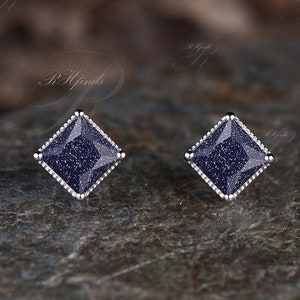 Vintage Princess Cut Blue Sandstone Earrings Milgrain Galaxy Blue Gemstone Stud Earrings 925 Sterling Silver 14k White Gold Healing Jewelry