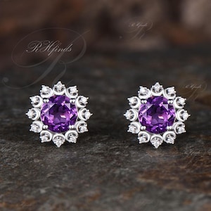 Unique Round Cut Natural Amethyst Stud Earrings Art Deco 14k White Gold Purple Crystal Earrings Delicate Moissanite Halo Moon Earrings Women