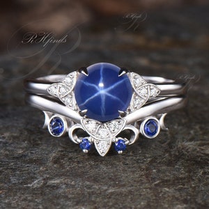 Round Cut Blue Star Sapphire Engagement Ring Set Moissanite Cluster Blue Sapphire Wedding Band Art Deco September Birthstone Moon Ring Women